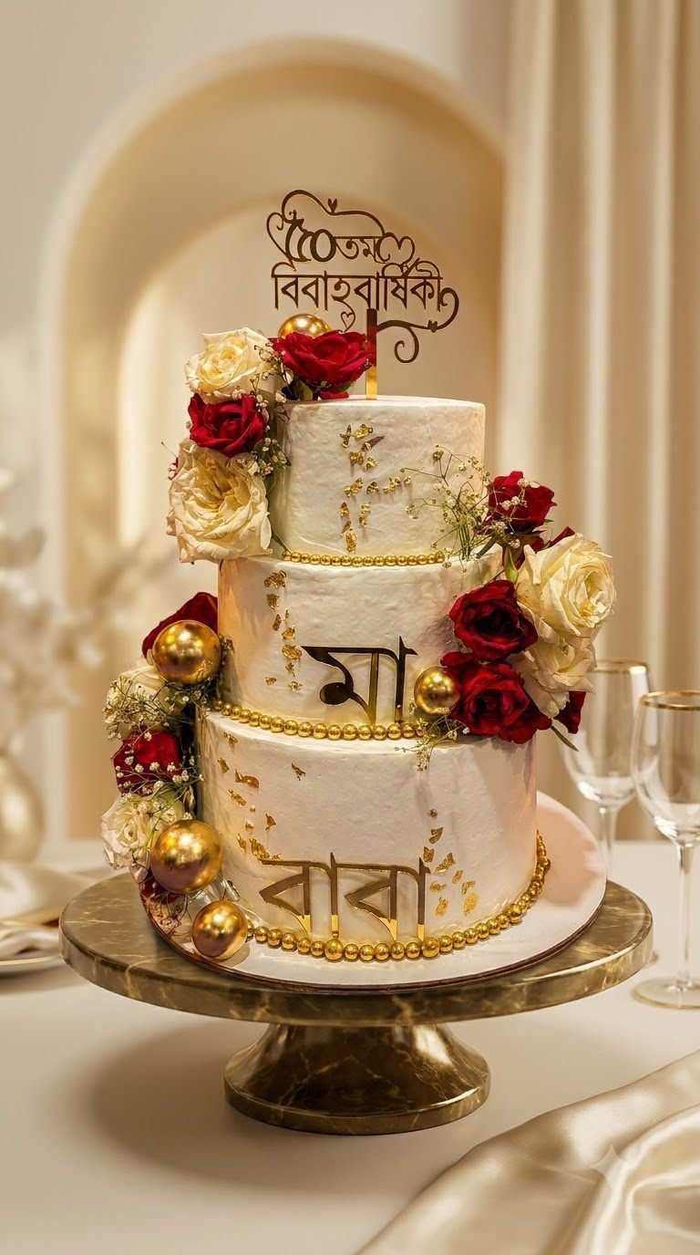 Three-tier CakeryCrush anniversary cake with red and ivory roses and gold leaf