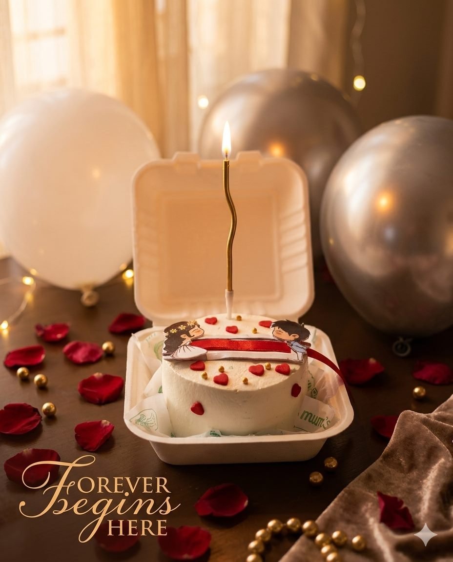 Bento cake with a couple topper and red hearts in a box