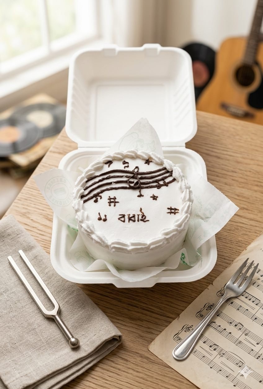 Music themed bento cake in a box on a wooden table
