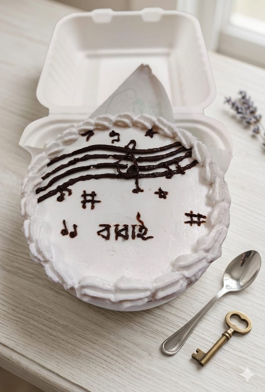 Bento cake piped with a musical stave in chocolate