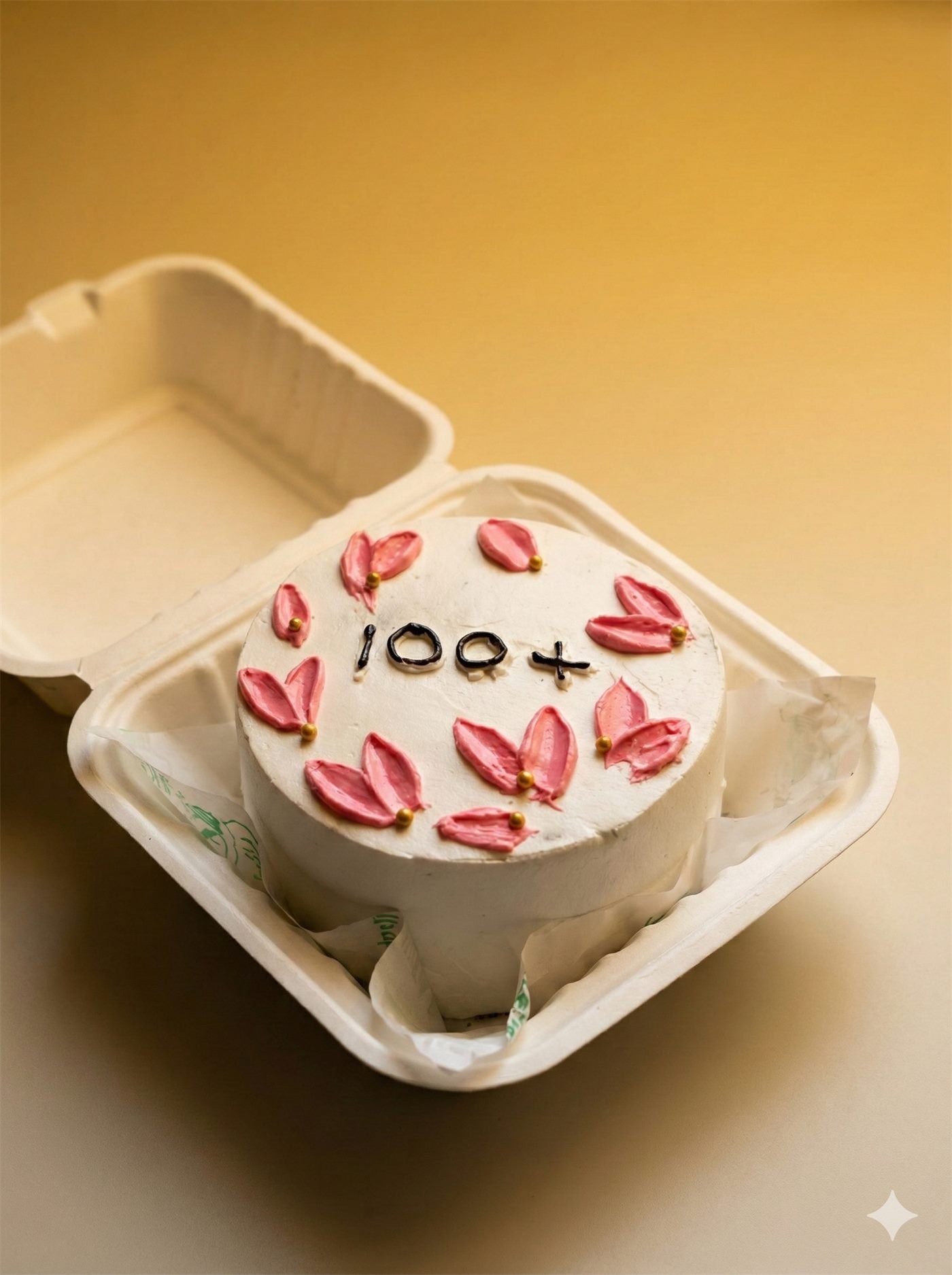 Bento cake with pink petal strokes and gold pearls