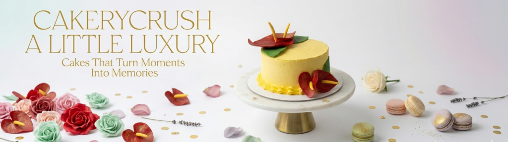 A wide promotional banner featuring a bright yellow frosted cake decorated with bold red anthurium sugar flowers and green leaves, sitting on a white marble cake stand with a gold base. The cake is surrounded by scattered pastel macarons, sculpted frosting roses, flower petals, and gold confetti on a clean white surface. Elegant gold text on the left reads: 'CAKERYCRUSH. A LITTLE LUXURY. Cakes That Turn Moments Into Memories.' The @CAKERY.CRUSH logo and handle are in the bottom right corner