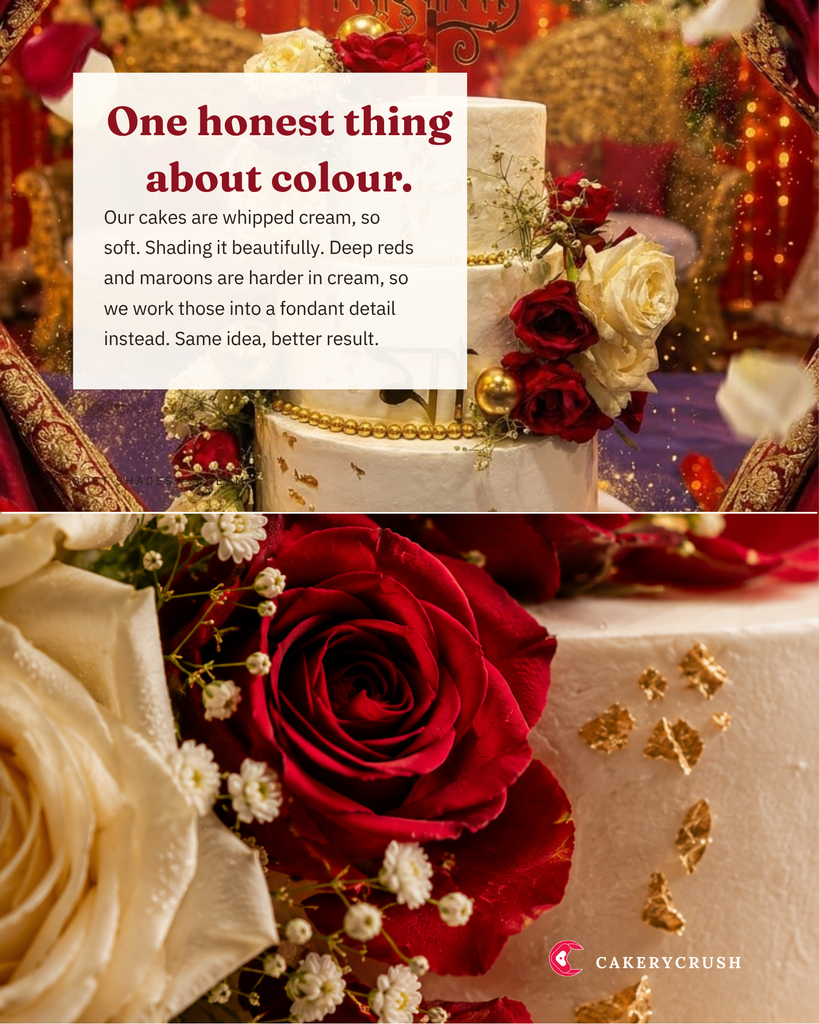 Close-up of red and ivory roses beside a personalised anniversary cake, explaining how CakeryCrush works honestly with colour in whipped cream designs