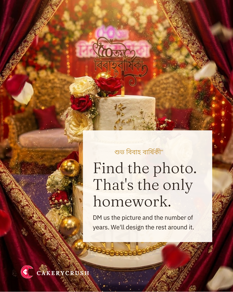 Personalised Bengali anniversary cake decorated with red and ivory roses, gold details and traditional Bengali styling.
