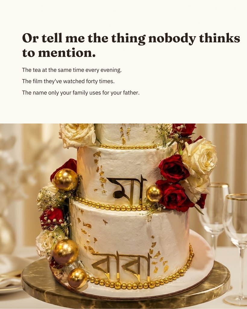 Elegant personalised anniversary cake with red roses and gold details, paired with a message about mentioning the things nobody else remembers.